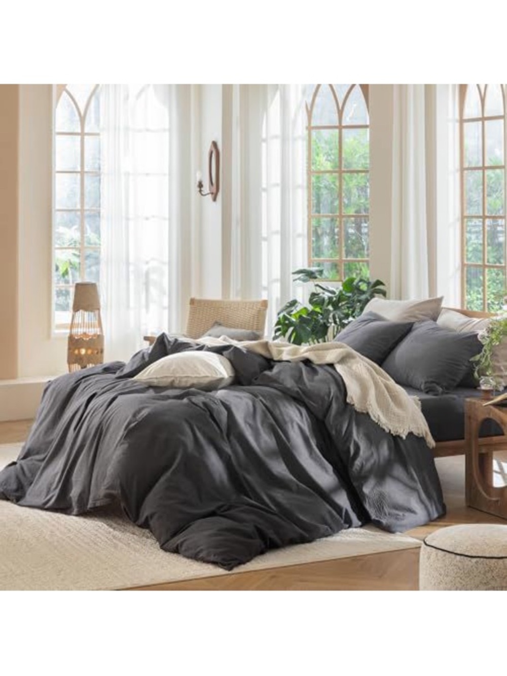 NEW MooMee Duvet Cover Set 100% Washed Cotton Linen Like, Dk Heather Grey, King